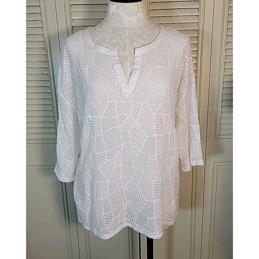 Rafaella White Top See Thru Lace ~ Size 2X ~ Shell/Over Shirt ~ Summer Sun Fun
